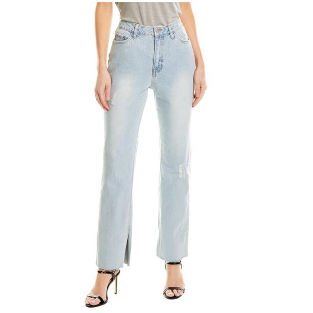 Avec Les Filles Light Wash Distressed Slit Flare Leg High Waist Jeans